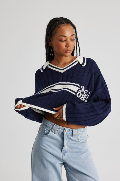 Sara Polo Knit Crop Jumper, NAVY BLAZER/OFF WHITE