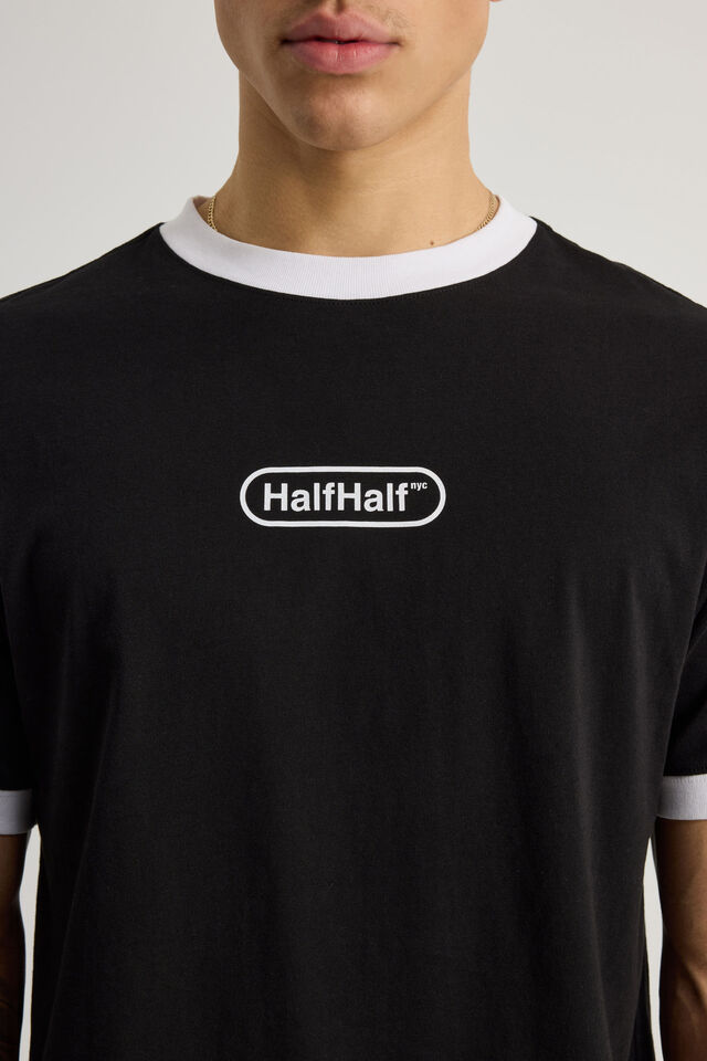 Half Half Slim Fit Ringer Tshirt, HH BLACK/WHITE WIDE HALF HALF PILL