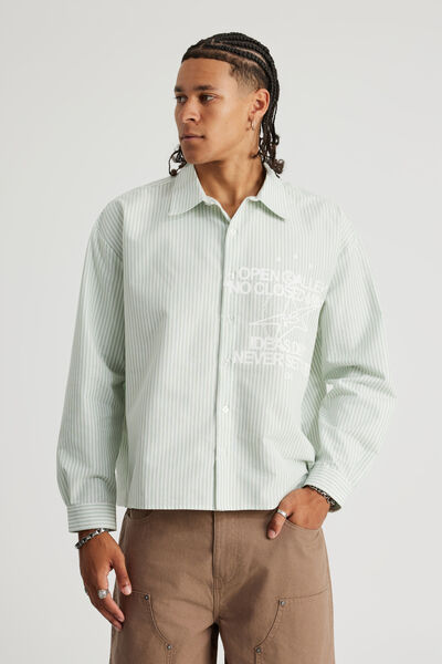 Open Gallery Boxy Cropped Long Sleeve Shirt, OG PALE GREEN STRIPE / GRAPHIC