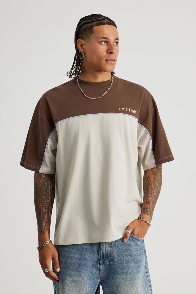 Half Half Box Fit Panelled Graphic Tshirt, HH MUD/PEBBLE PILL LOGO