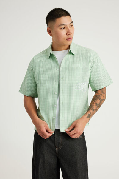 Half Half Boxy Cropped Short Sleeve Shirt, HH GREEN CHECK WHT HANDSTYLE EMB