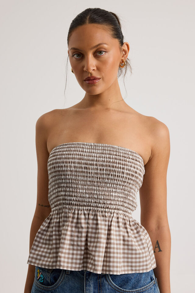 Ari Shirred Bandeau, BROWN GINGHAM