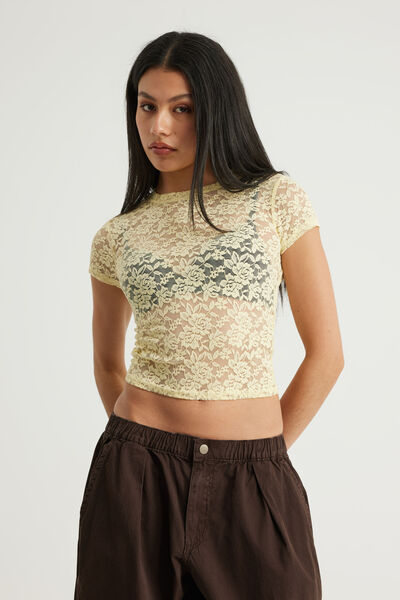 Lace Fitted Tee, LEMON BUTTER