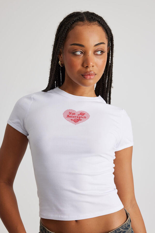 Fitted Baby Tee, WHITE/NOT INTERESTED