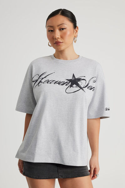 Oversized Graphic Tee, GREY MARLE/HEAVEN SENT