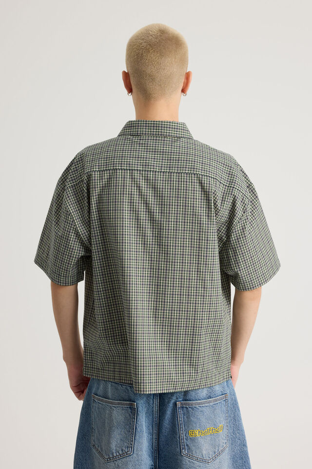 Half Half Boxy Cropped Short Sleeve Shirt, NAVY GREEN CHECK/HH PILL