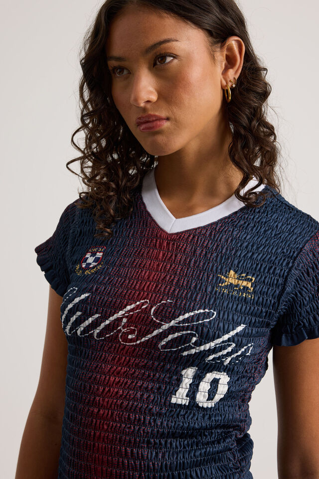 Shirred Fitted Sports Jersey, NAVY CHERRY/CLUB SOHO