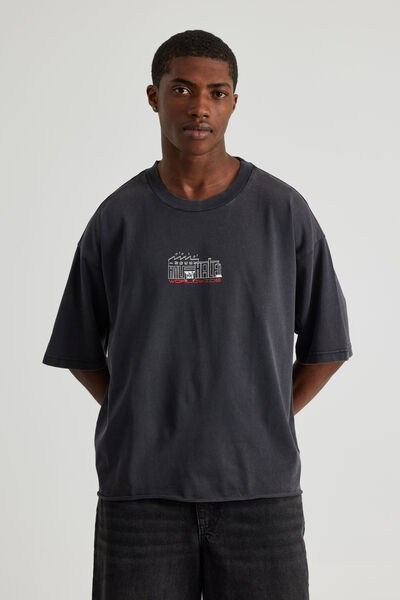 Half Half Boxy Cropped Graphic Tshirt, HH WASHED BLACK/HALF HALF FACTORY