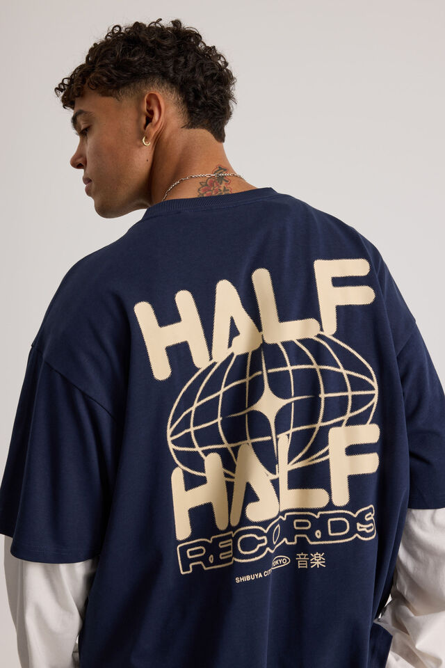 Half Half Heavyweight Box Fit Graphic Tshirt, HH MIDNIGHT BLUE/HALF HALF GLOBE