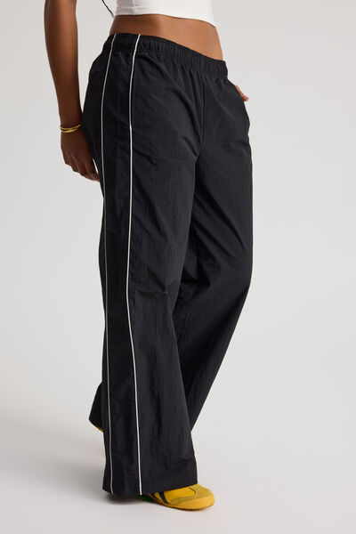 Freya Wide Leg  Woven Sporty Trackpant, BLACK