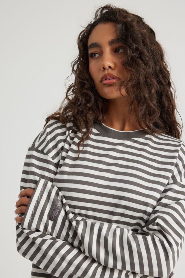 Open Gallery Cropped Long Sleeve Tshirt, OG TITANIUM STRIPE/OG LOGO