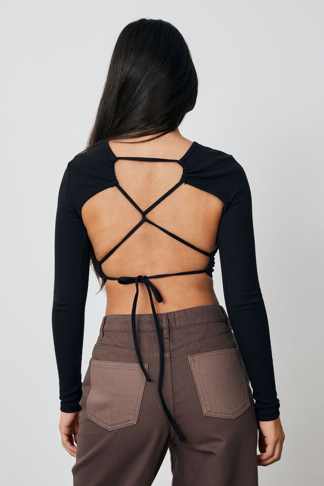 Tie Up Open Back Long Sleeve, BLACK
