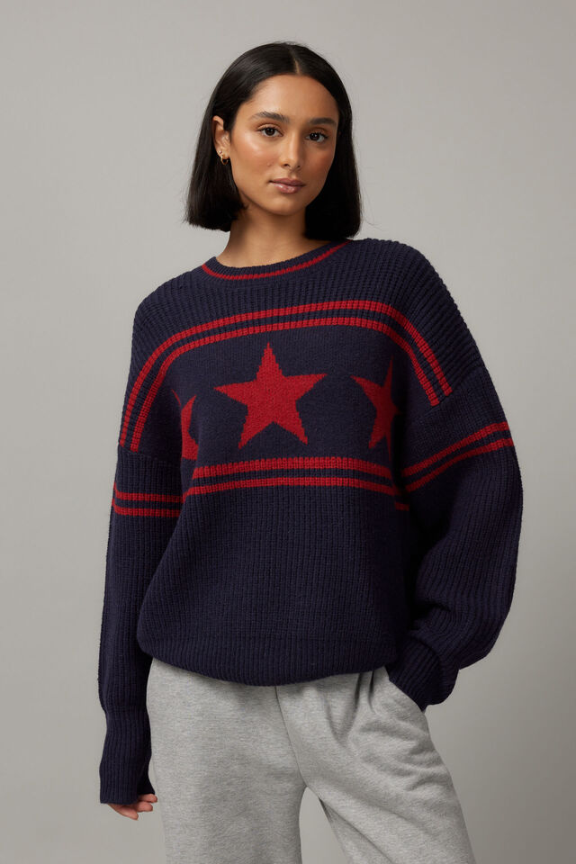 Billie Oversized Stripe Knit Jumper, NAVY/RED
