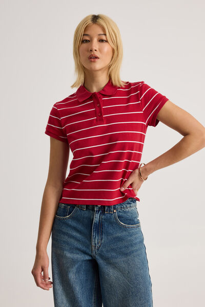 Short Sleeve Fitted Polo, LUCY PINSTRIPE/RED