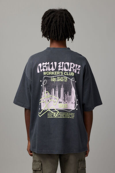 Half Half Heavyweight Box Fit Graphic Tshirt, WASHED SLATE/NEW YORK WORKERS CLUB