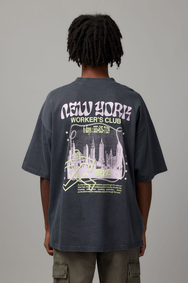 Half Half Heavyweight Box Fit Graphic Tshirt, WASHED SLATE/NEW YORK WORKERS CLUB