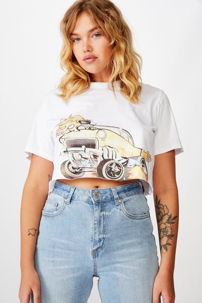 Short Sleeve Raw Edge Crop T Shirt, WHITE/VINTAGE HOT ROD