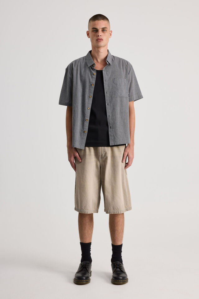 Half Half Short Sleeve Shirt, HH BLACK BLUE MICRO CHECK