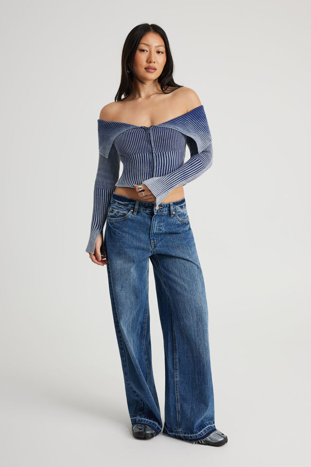 Knit Off Shoulder Long Sleeve, WASHED CORPORATE BLUE