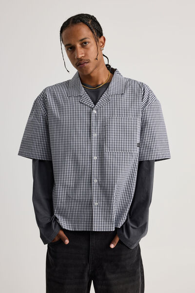 Half Half Boxy Cropped Short Sleeve Shirt, HH MIDNIGHT BLUE/CHECK