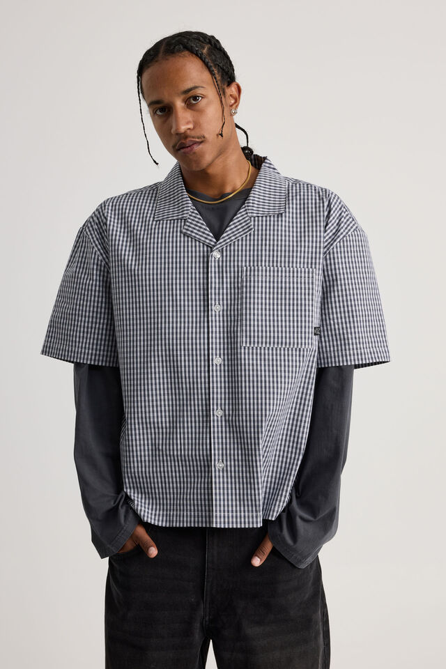 Half Half Boxy Cropped Short Sleeve Shirt, HH MIDNIGHT BLUE/CHECK