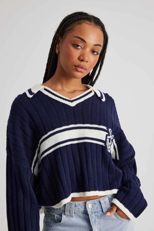 Sara Polo Knit Crop Jumper, NAVY BLAZER/OFF WHITE