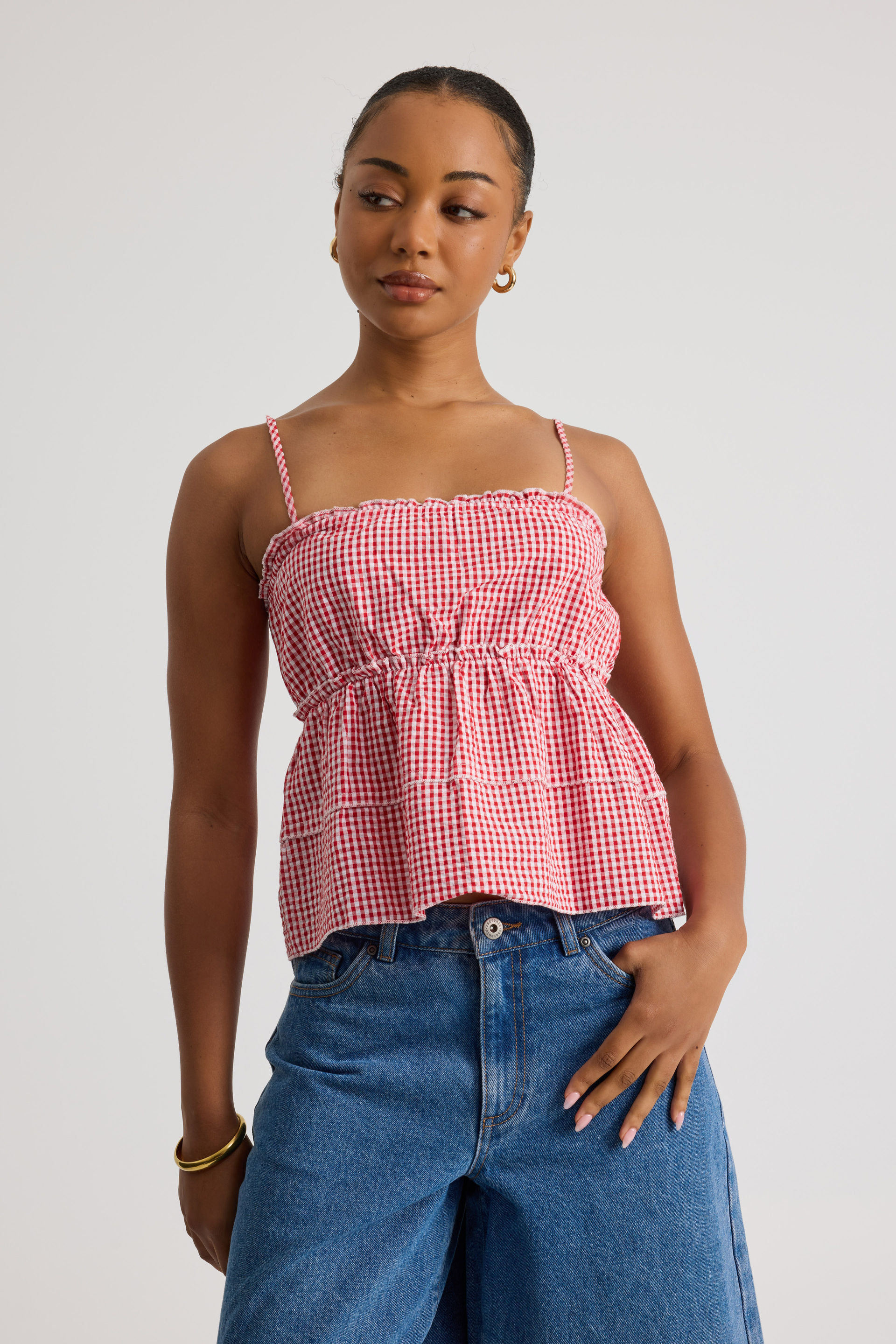 red ruffle top
