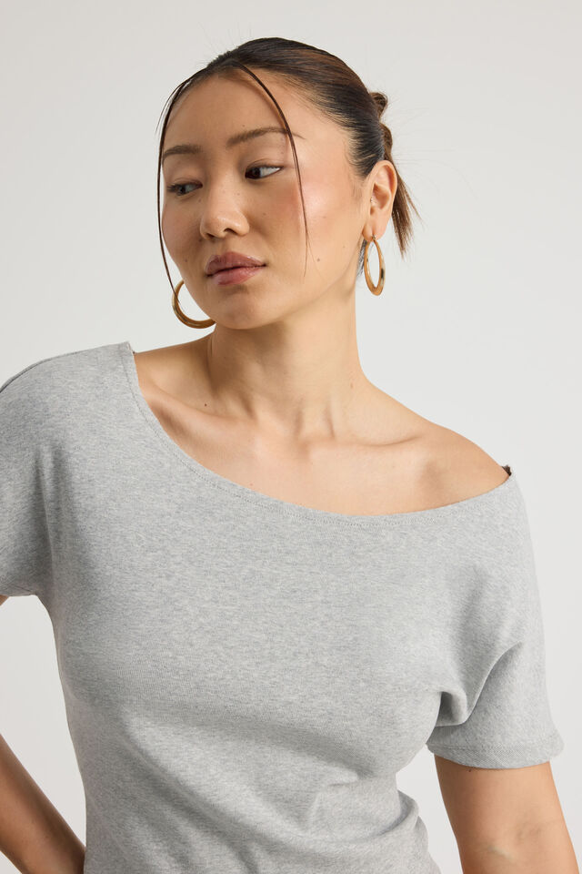 One Shoulder Graphic Tee, GREY MARLE