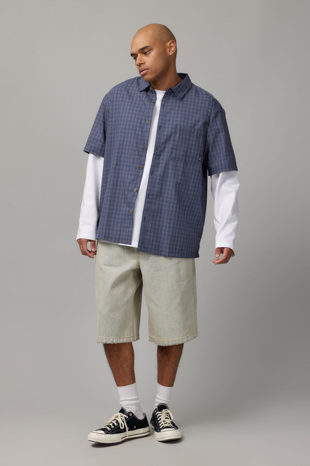 Short Sleeve Shirt, NAVY BLUE MICRO CHECK