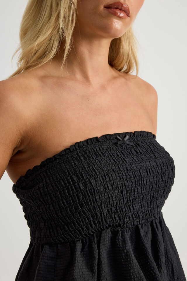 Juno Shirred Babydoll Bandeau, BLACK