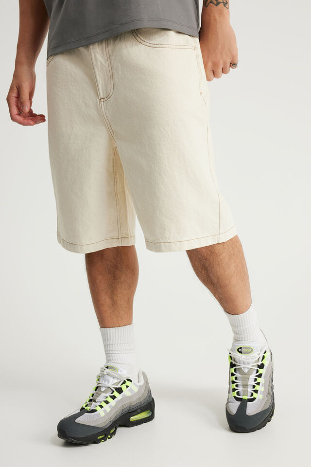 Half Half Baggy Denim Short, ECRU