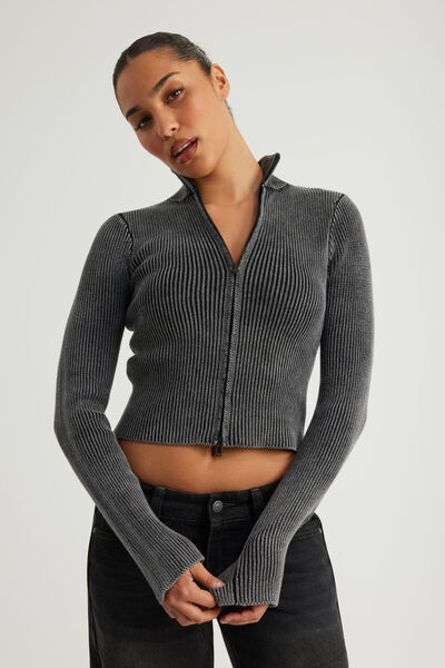 Knit Zip Through, WASHED BLACK