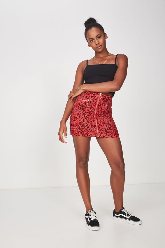 Zip Front A Line Skirt, RED ANIMAL