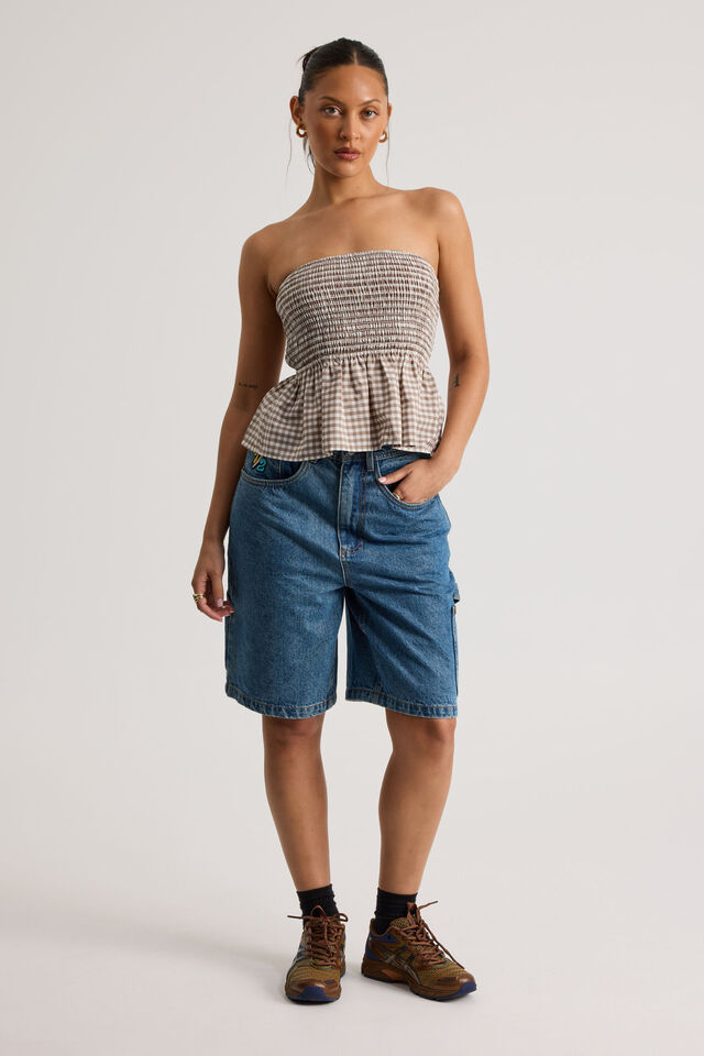 Ari Shirred Bandeau, BROWN GINGHAM