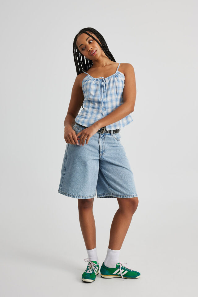 Luna Woven Button Front Cami, BLUE CHECK