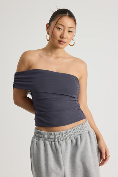 Mesh One Shoulder Top, IRON GREY