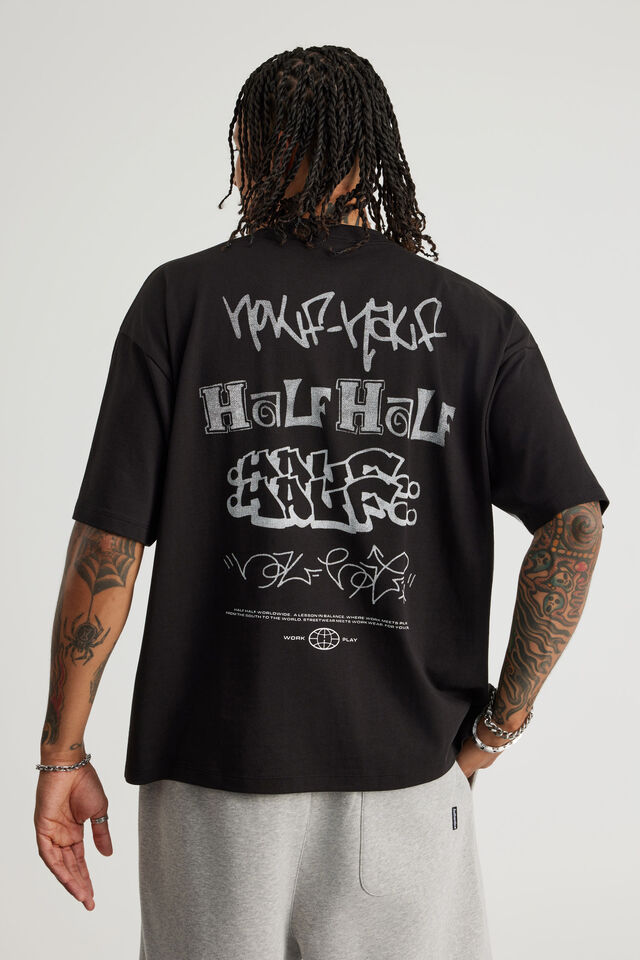Half Half Heavyweight Box Fit Graphic Tshirt, HH BLACK/TAGLINE