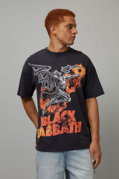 Oversized Music Merch T Shirt, LCN BRA WASHED BLACK/BLACK SABBATH FLAMES
