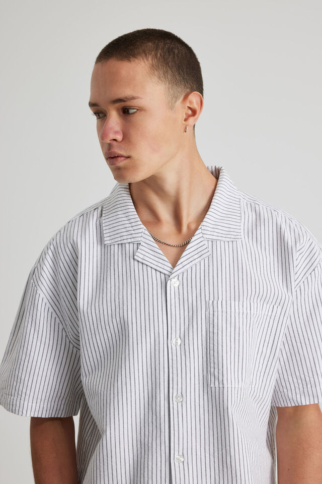 Boxy Cropped Short Sleeve Shirt, BLACK WHITE OXFORD STRIPE