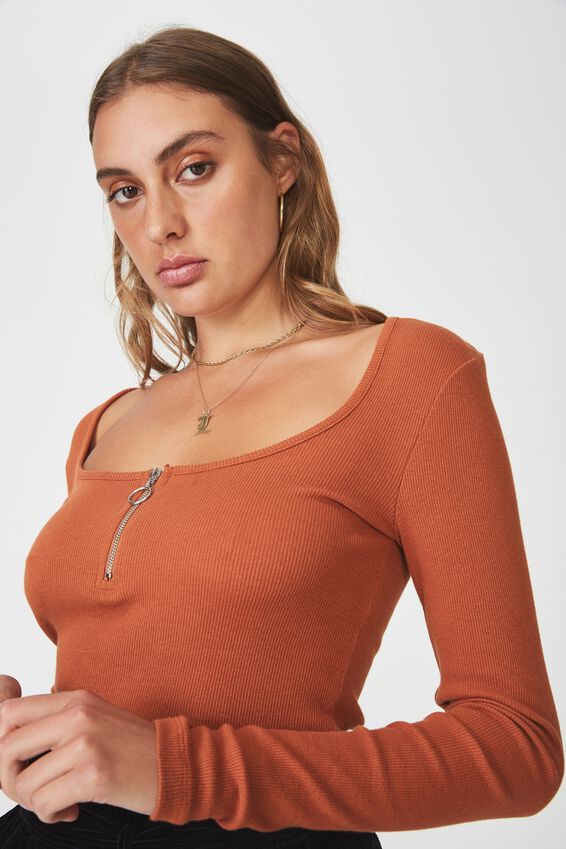 Long Sleeve Scoop Neck Henley, GINGERBREAD
