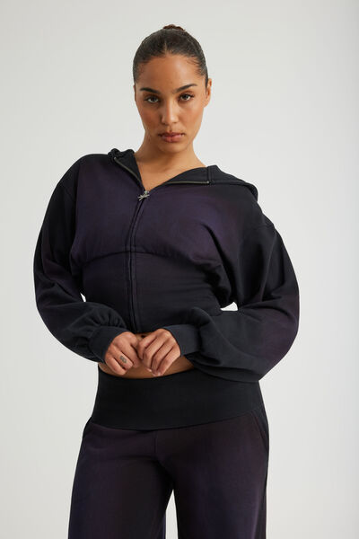 Notion Corset Zip Through Hoodie, NTN WASHED BLACK/PURPLE SPRAY