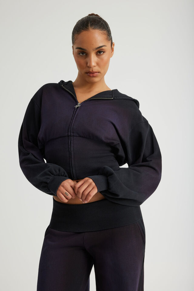 Notion Corset Zip Through Hoodie, NTN WASHED BLACK/PURPLE SPRAY