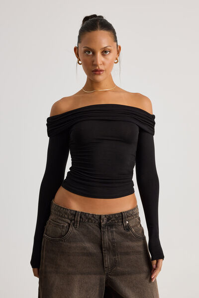 Shay Off Shoulder Long Sleeve Top, BLACK