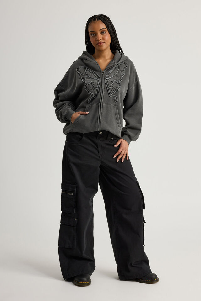 Allie Zip Through Slouchy Hoodie, WASHED BLACK/BUTTERFLY