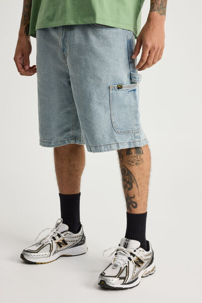 Half Half Painter Baggy Denim Short, DAY BLUE