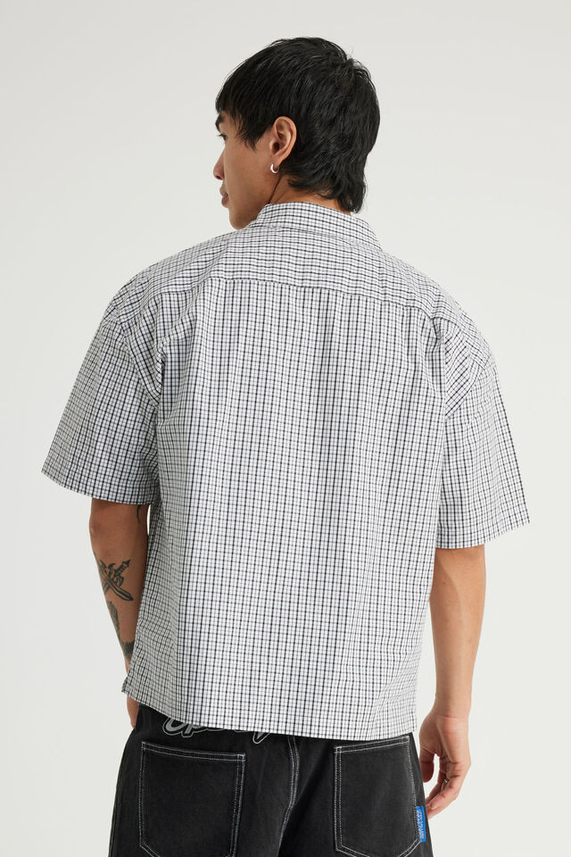 Notion Boxy Cropped Short Sleeve Shirt, NOTION WHT BLK CHECK GOTHIC ARTWORK
