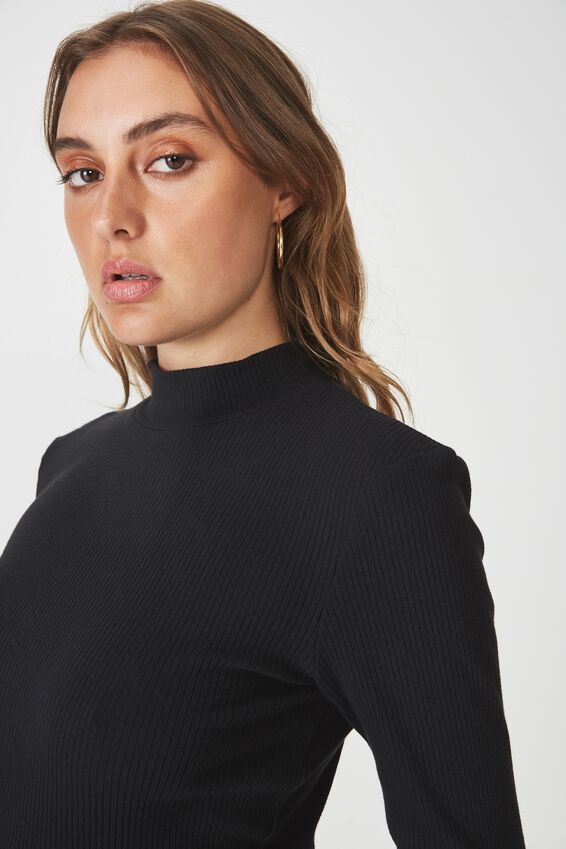 Rib Lettuce Edge Long Sleeve, BLACK