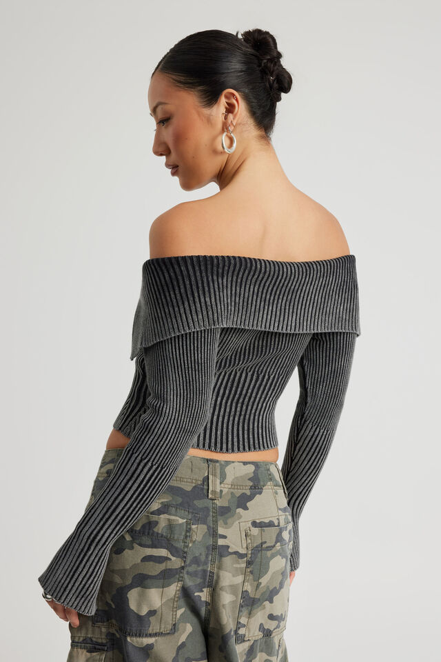 Knit Off Shoulder Long Sleeve, WASHED BLACK