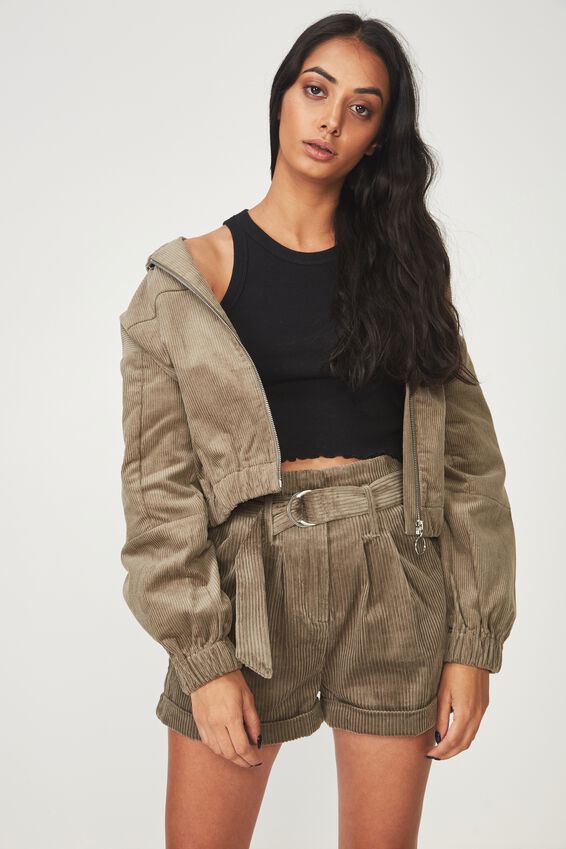 Cord Hooded Bomber Jacket, SAGE