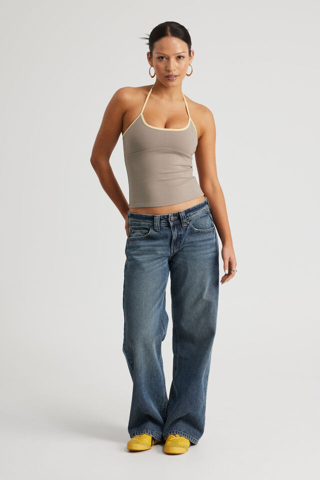 Tie Neck Halter Top, KHAKI MIST/DAFFODIL PICOT